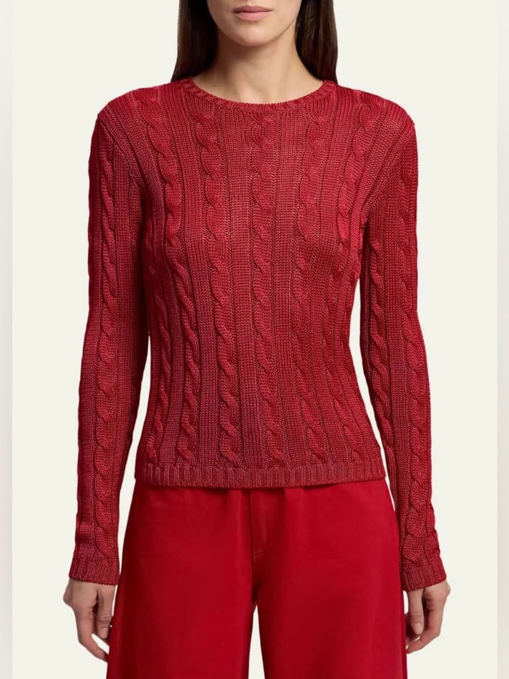 RALPH LAUREN COLLECTION SILK CABLE KNIT CREWNECK SWEATER IN RED